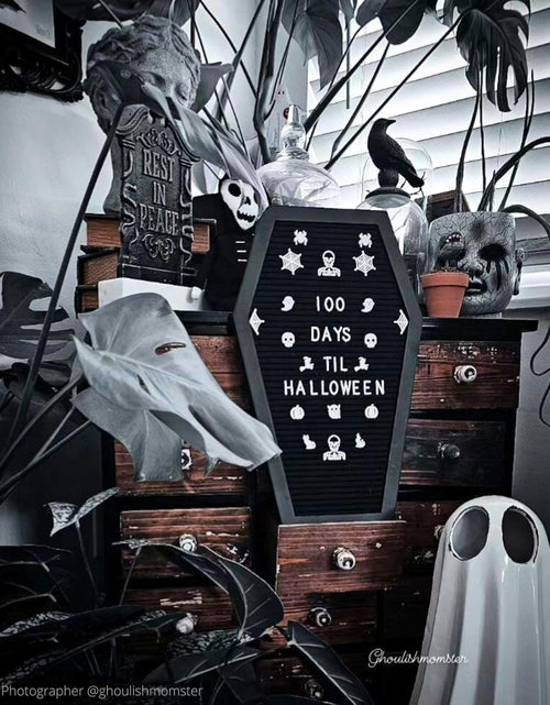 Load image into Gallery viewer, Coffin Letter Board Black with Spooky and Creepmas Emojis +500 Characters, and Wooden Stand - 17X10.5 Inches - Gothic Halloween Decor Spooky Gifts Decorations
