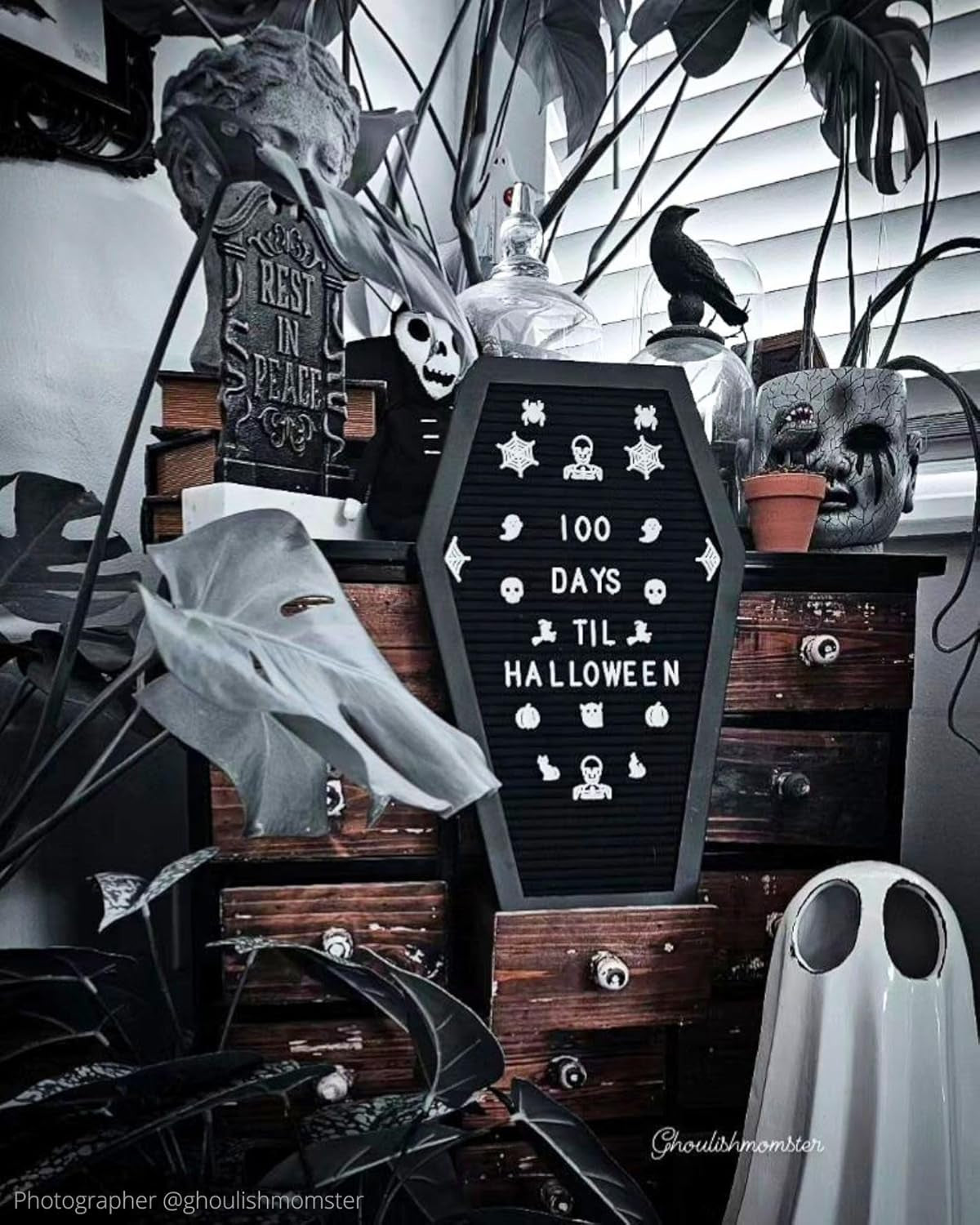 Coffin Letter Board Black with Spooky and Creepmas Emojis +500 Characters, and Wooden Stand - 17X10.5 Inches - Gothic Halloween Decor Spooky Gifts Decorations