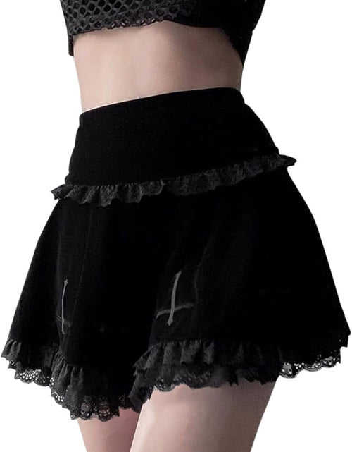 Load image into Gallery viewer, Punk Cross Print Dark Mini Skirts Chain Belt Black Uniform Pleated Skirt Women
