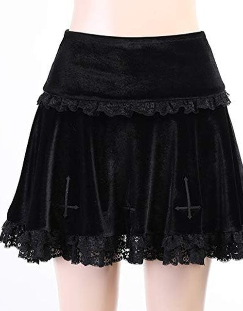 Load image into Gallery viewer, Punk Cross Print Dark Mini Skirts Chain Belt Black Uniform Pleated Skirt Women
