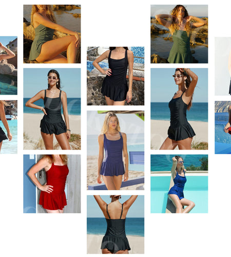 Women'S Black Ruched Ruffle One Piece Swimdress Retro Elegant Bathing Suit Skirted Swimsuit Adjustment Shoulder Athletic Swimwear Tankini Tummy Control Swimsuit, US 4-6(S)