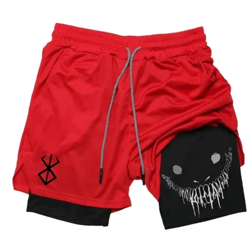 2024 New Men'S Fitness Training Skinny Shorts Demon Print Summer 2 in 1 Quick Dry Gym Beach Jogging Shorts Outdoor Sportwear