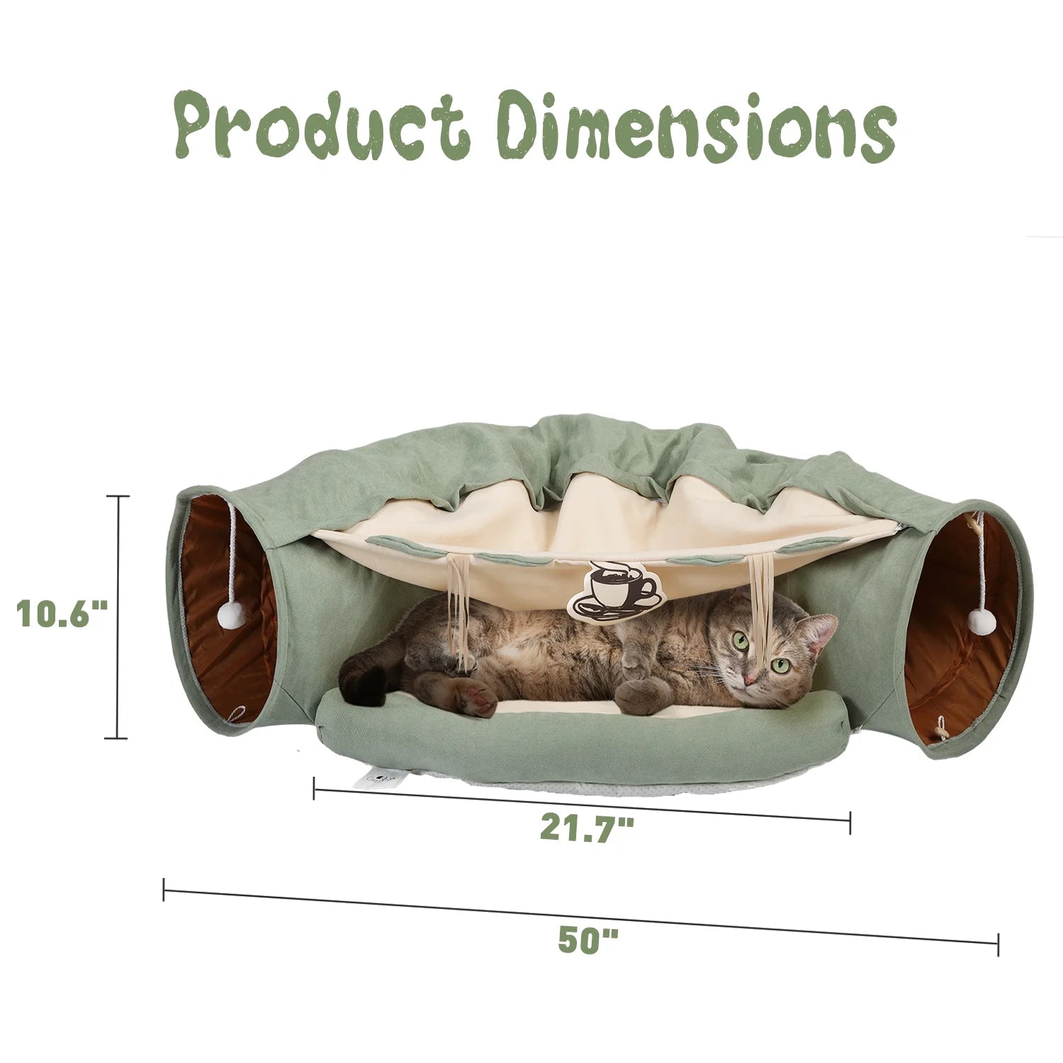 2-In-1 Cat Tunnel Tube Cat Tunnel Bed W/ Washable Bed Collapsible Kitty Toy, Green