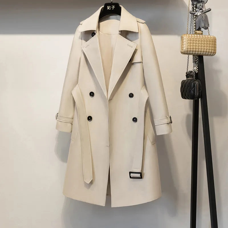 2022 Autumn Long Casual Woman Double Breasted Trench Coat Loose with Belt Overcoat Waterproof Raincoat Business Outerwear R691