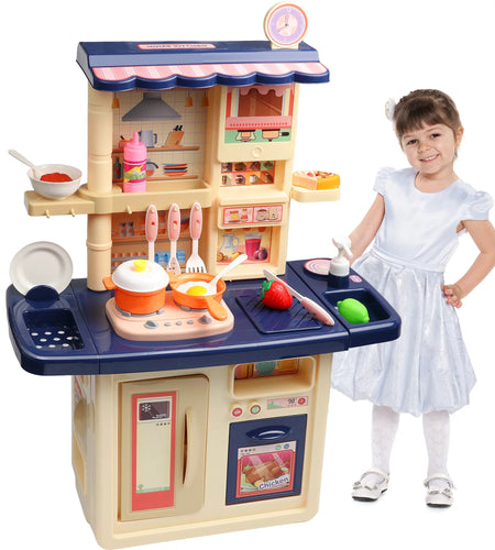 34 Inch Blue Toddler Play Kitchen - Realistic Lights and Sounds, Ideal Gift for Boys and Girls Ages 1-3