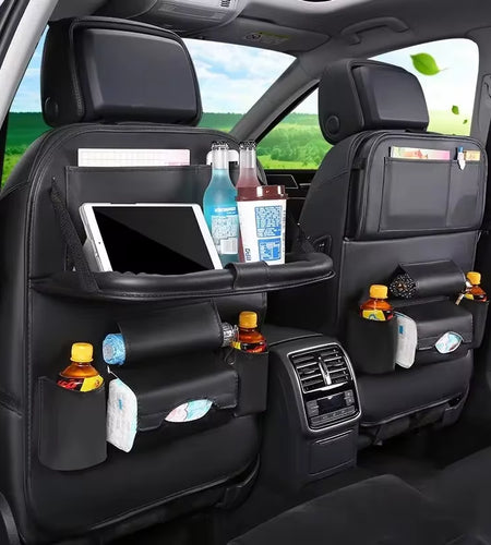 Car Seat Back Organizer PU Leather Auto Storage Bag with Foldable Table Tray Tablet Holder Tissue Box Pockets Cars Accessories
