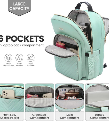 Laptop Backpack for Women 15.6 Inch,Cute Womens Travel Backpack Purse,Professional Laptop Computer Bag,Waterproof Work Business College Teacher Bags Carry on Backpack with USB Port,Mint Green
