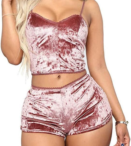 Women'S Velvet 2 Piece Outfit Spaghetti Strap Sleeveless Crop Top Camisole and Shorts Pajamas Set Sleepwear Nightwear