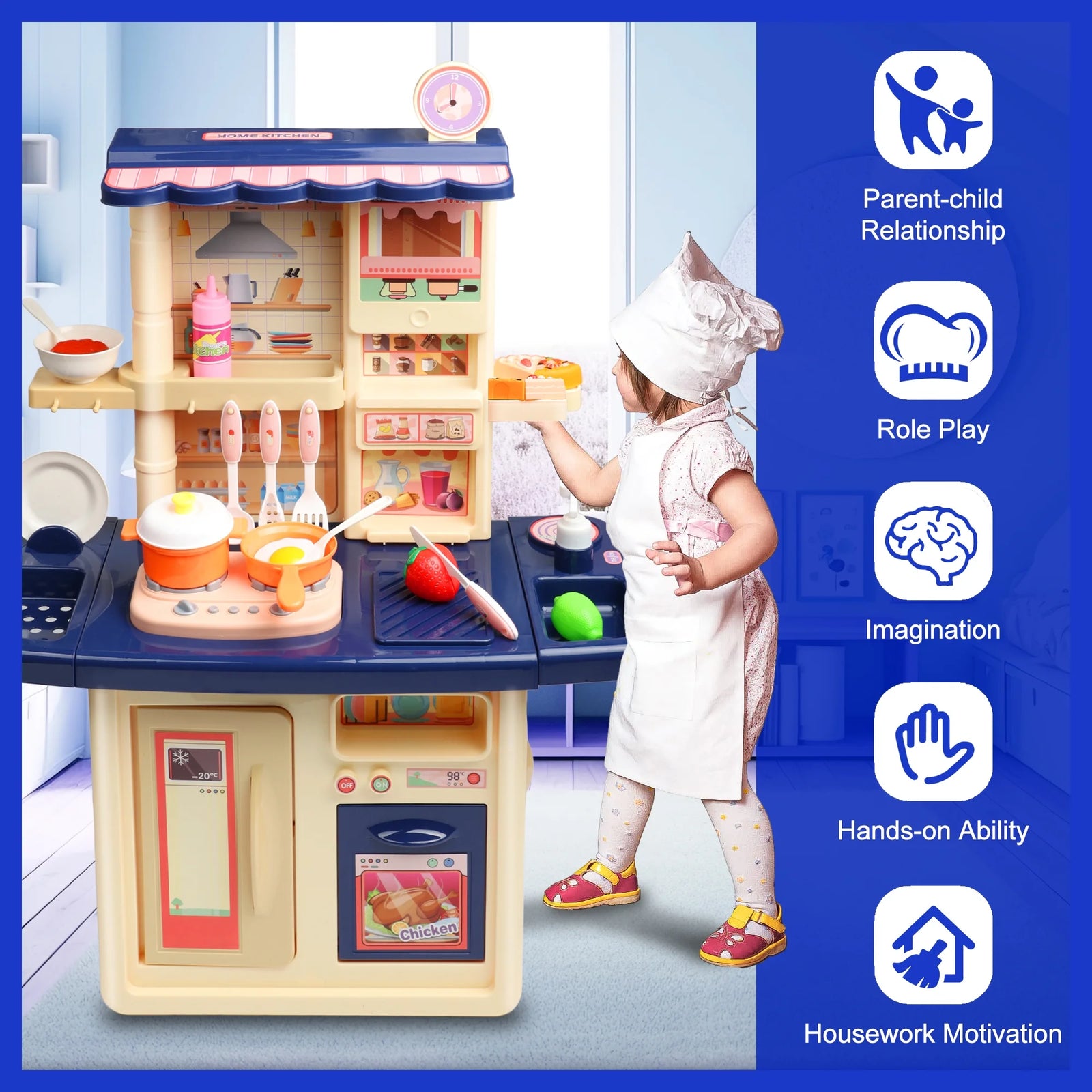 34 Inch Blue Toddler Play Kitchen - Realistic Lights and Sounds, Ideal Gift for Boys and Girls Ages 1-3