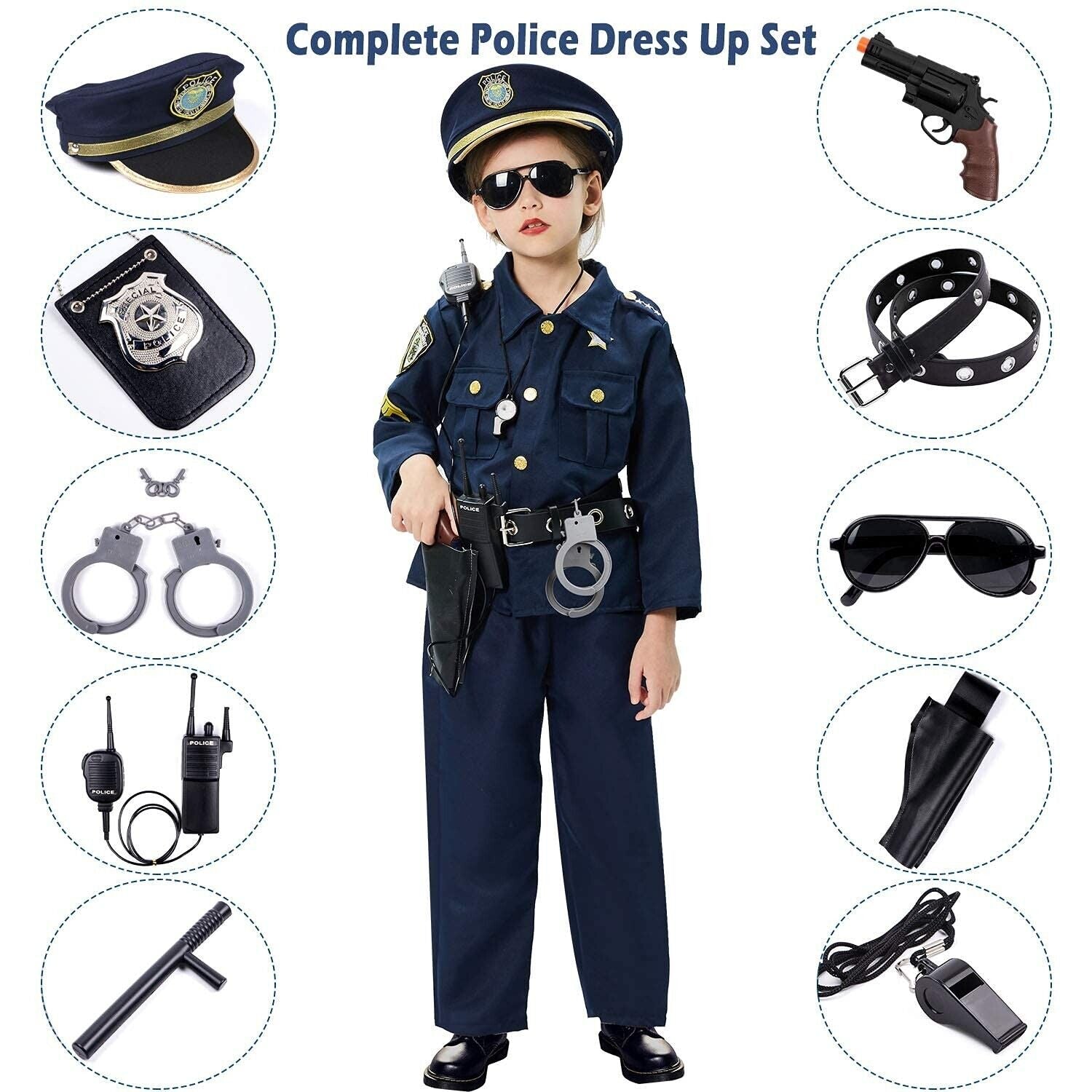 Police Costume for Kids Dress up Set Role Play Officer with Handcuffs Badge T...