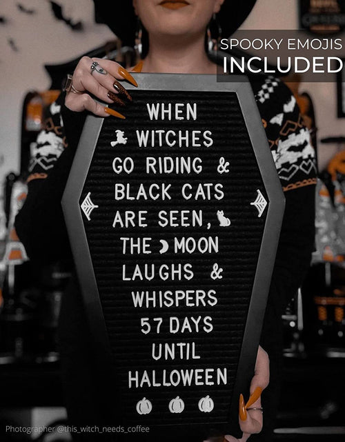 Load image into Gallery viewer, Coffin Letter Board Black with Spooky and Creepmas Emojis +500 Characters, and Wooden Stand - 17X10.5 Inches - Gothic Halloween Decor Spooky Gifts Decorations
