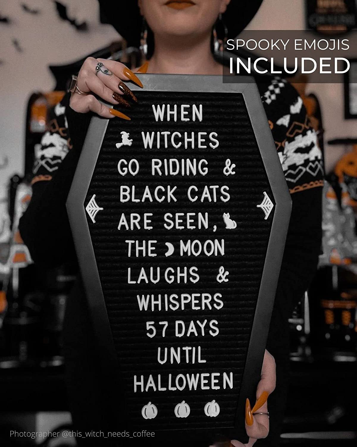 Coffin Letter Board Black with Spooky and Creepmas Emojis +500 Characters, and Wooden Stand - 17X10.5 Inches - Gothic Halloween Decor Spooky Gifts Decorations