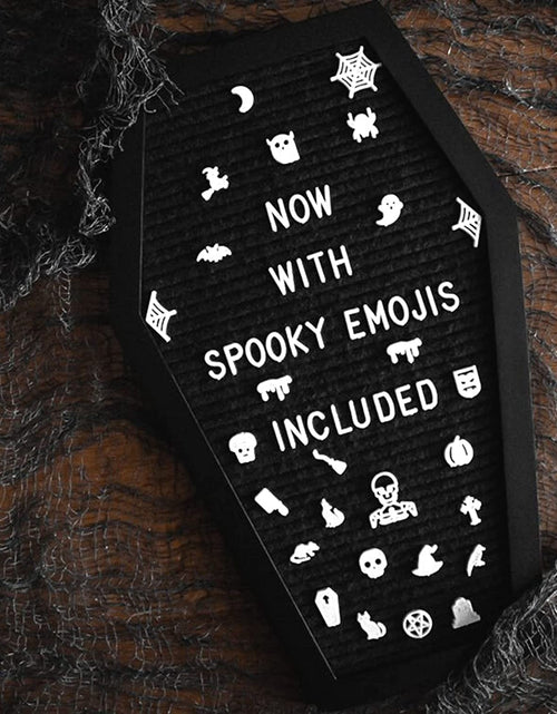 Load image into Gallery viewer, Coffin Letter Board Black with Spooky and Creepmas Emojis +500 Characters, and Wooden Stand - 17X10.5 Inches - Gothic Halloween Decor Spooky Gifts Decorations
