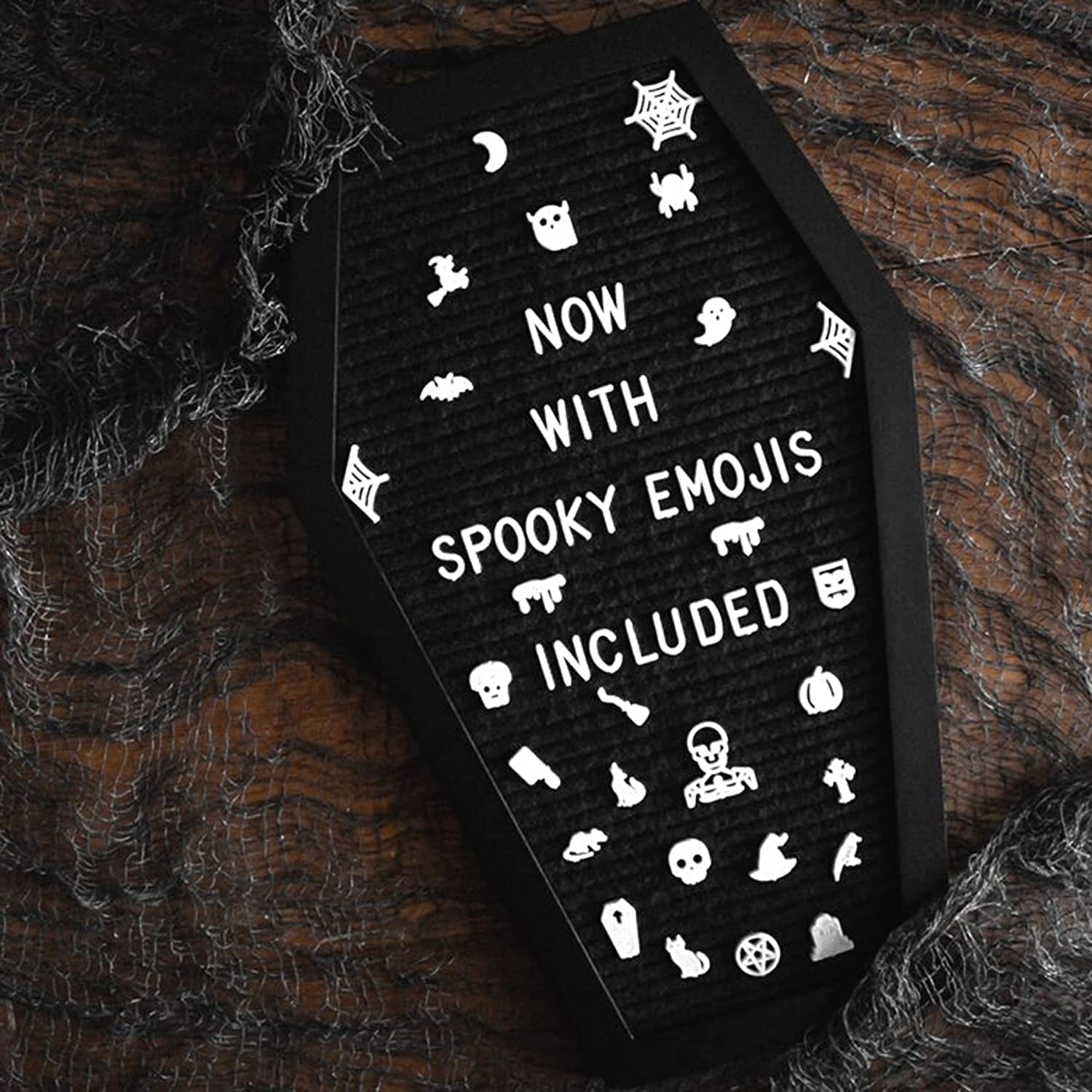 Coffin Letter Board Black with Spooky and Creepmas Emojis +500 Characters, and Wooden Stand - 17X10.5 Inches - Gothic Halloween Decor Spooky Gifts Decorations