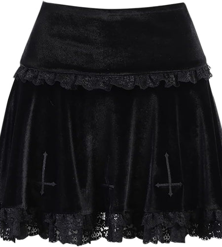 Punk Cross Print Dark Mini Skirts Chain Belt Black Uniform Pleated Skirt Women