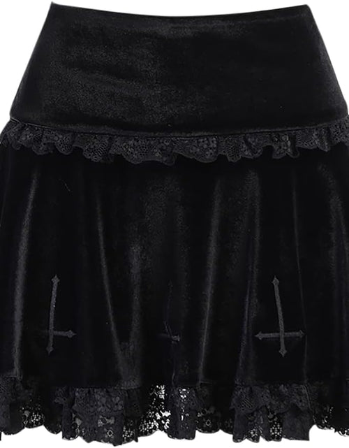 Load image into Gallery viewer, Punk Cross Print Dark Mini Skirts Chain Belt Black Uniform Pleated Skirt Women
