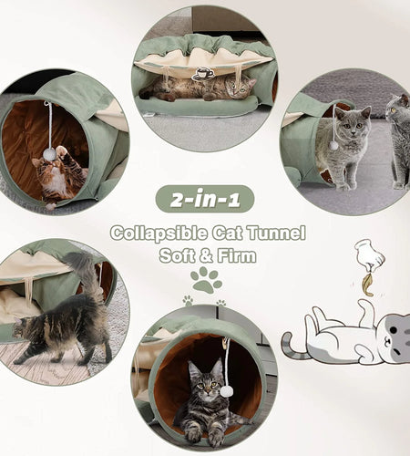 2-In-1 Cat Tunnel Tube Cat Tunnel Bed W/ Washable Bed Collapsible Kitty Toy, Green