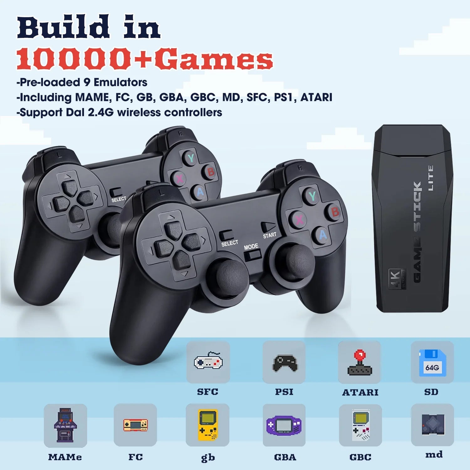 Retro Video Game Console with 10888 Games Wireless 4K 64GB Arcade Classic Game Console with 2 Joysticks Gaming Console and Controller for TV