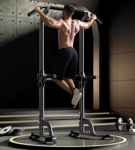 Power Tower Pull up Bar, Strength Training Workout Equipment with Adjustable Height High Stability - Black