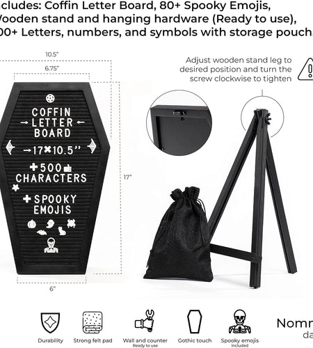Coffin Letter Board Black with Spooky and Creepmas Emojis +500 Characters, and Wooden Stand - 17X10.5 Inches - Gothic Halloween Decor Spooky Gifts Decorations