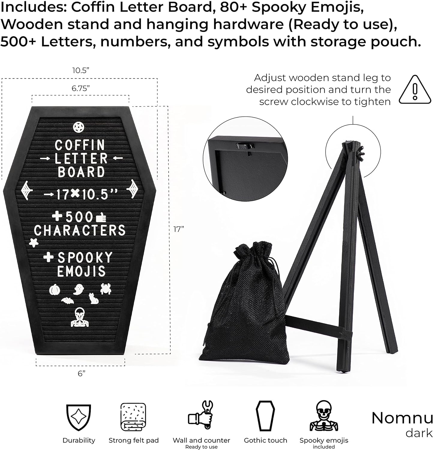 Coffin Letter Board Black with Spooky and Creepmas Emojis +500 Characters, and Wooden Stand - 17X10.5 Inches - Gothic Halloween Decor Spooky Gifts Decorations