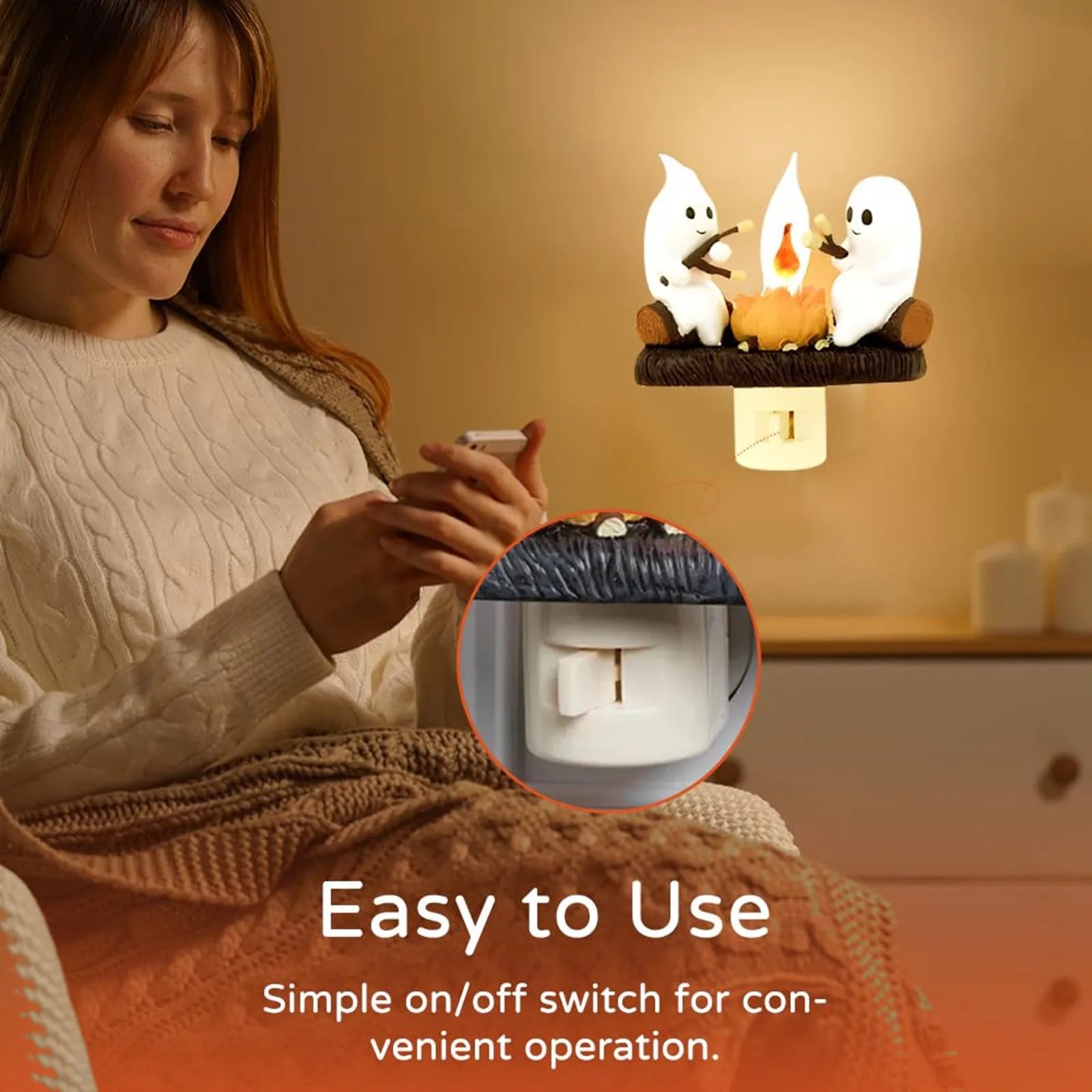 2024 New Ghost Campfire Flickering Nightlight Night Light Plug Wall Spooky Fire Marshmllow Night Light Halloween Ghost Campfire