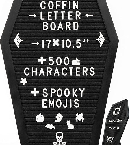 Coffin Letter Board Black with Spooky and Creepmas Emojis +500 Characters, and Wooden Stand - 17X10.5 Inches - Gothic Halloween Decor Spooky Gifts Decorations