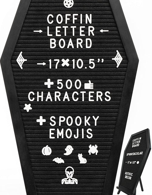 Load image into Gallery viewer, Coffin Letter Board Black with Spooky and Creepmas Emojis +500 Characters, and Wooden Stand - 17X10.5 Inches - Gothic Halloween Decor Spooky Gifts Decorations
