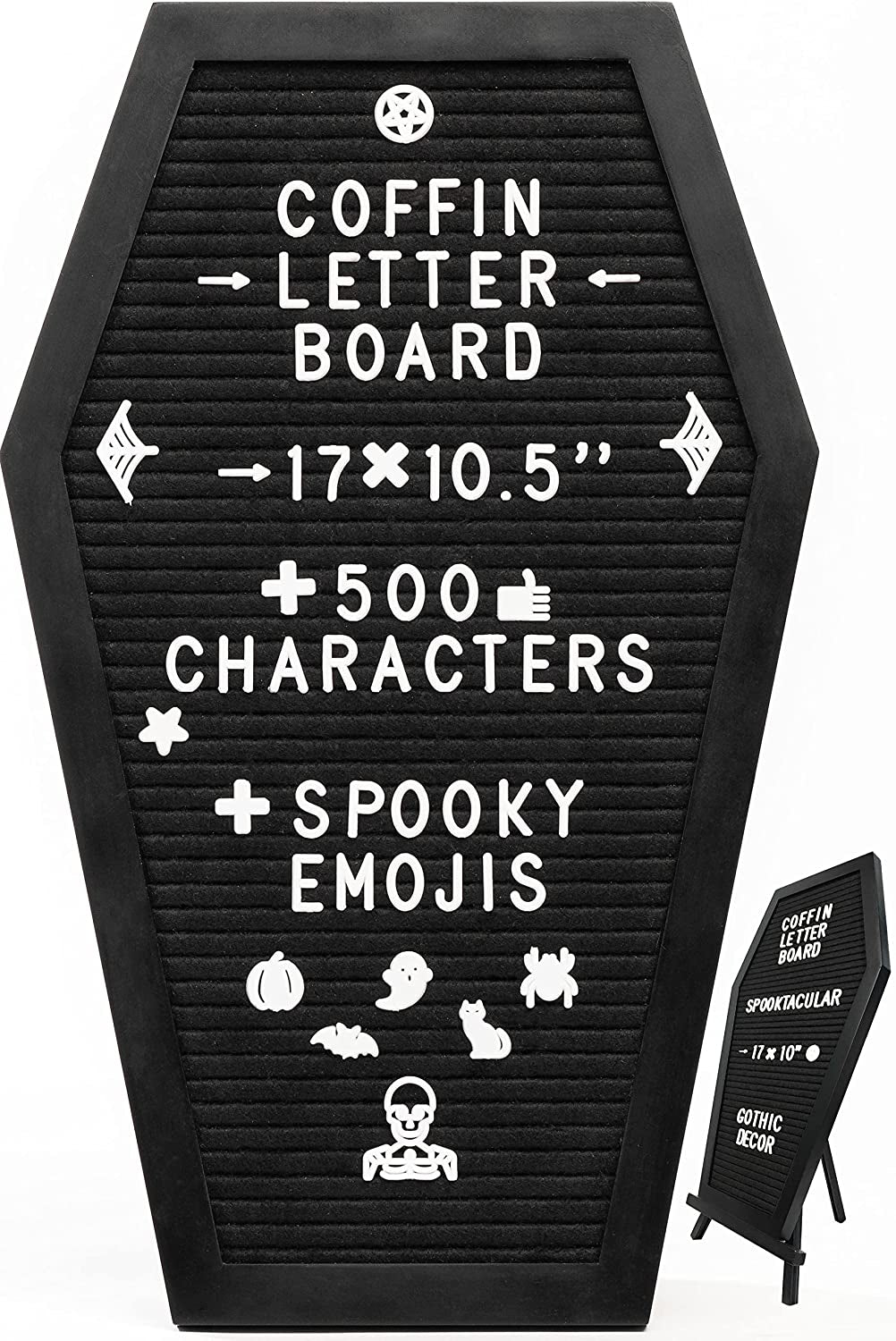 Coffin Letter Board Black with Spooky and Creepmas Emojis +500 Characters, and Wooden Stand - 17X10.5 Inches - Gothic Halloween Decor Spooky Gifts Decorations