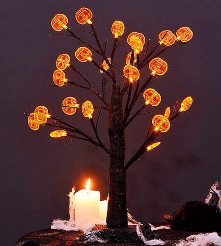 24 LED Lighted Halloween Tree, Battery Operated Birch Tree with 24 DIY Pumpkins, Indoor Home Table Desktop Best Halloween Decorations Gift Package