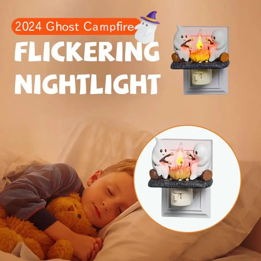 Ghost Campfire Flickering Night Light 3D Flame Ghosts Roasting Plug Wall Spooky Fire Marshmallow Night Light for Halloween Decor