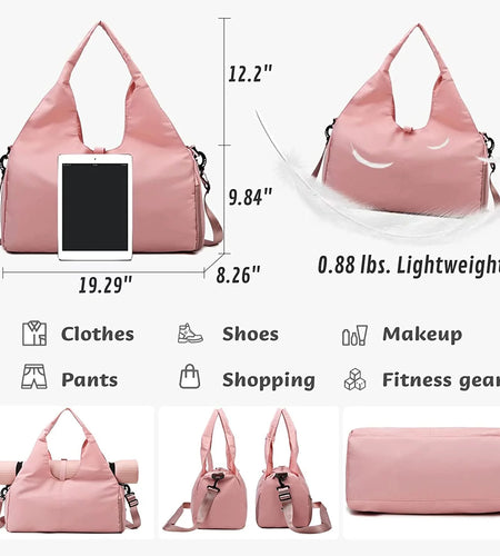 Yoga Gym Bag for Women, Gym Duffel Bag with Yoga Mat Holder & Shoe Compartment, Weekender Travel Tote Bag with Wet Dry Pockets (Black)