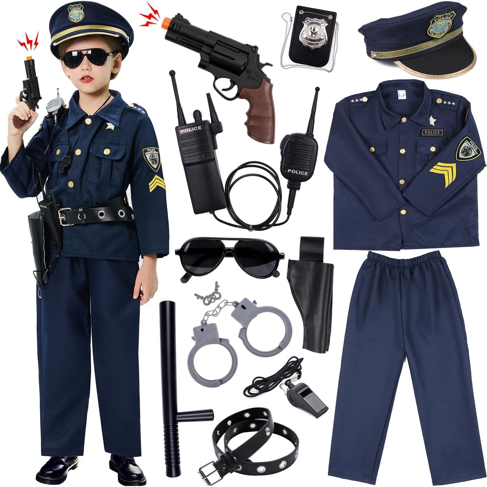 Police Costume for Kids Dress up Set Role Play Officer with Handcuffs Badge T...