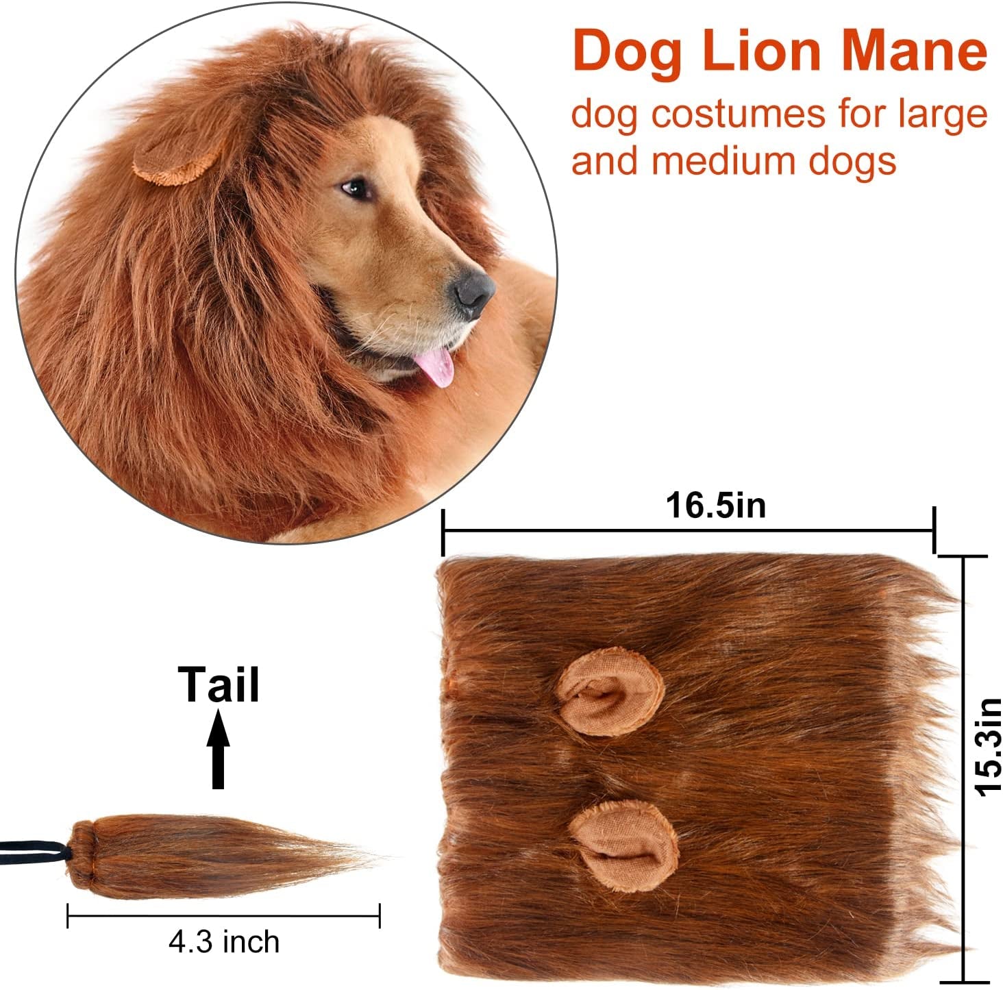 Lion Mane for Dog Costumes, Realistic Wig for Medium to Large Sized Dogs (Dark Brown)