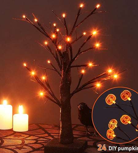 24 LED Lighted Halloween Tree, Battery Operated Birch Tree with 24 DIY Pumpkins, Indoor Home Table Desktop Best Halloween Decorations Gift Package
