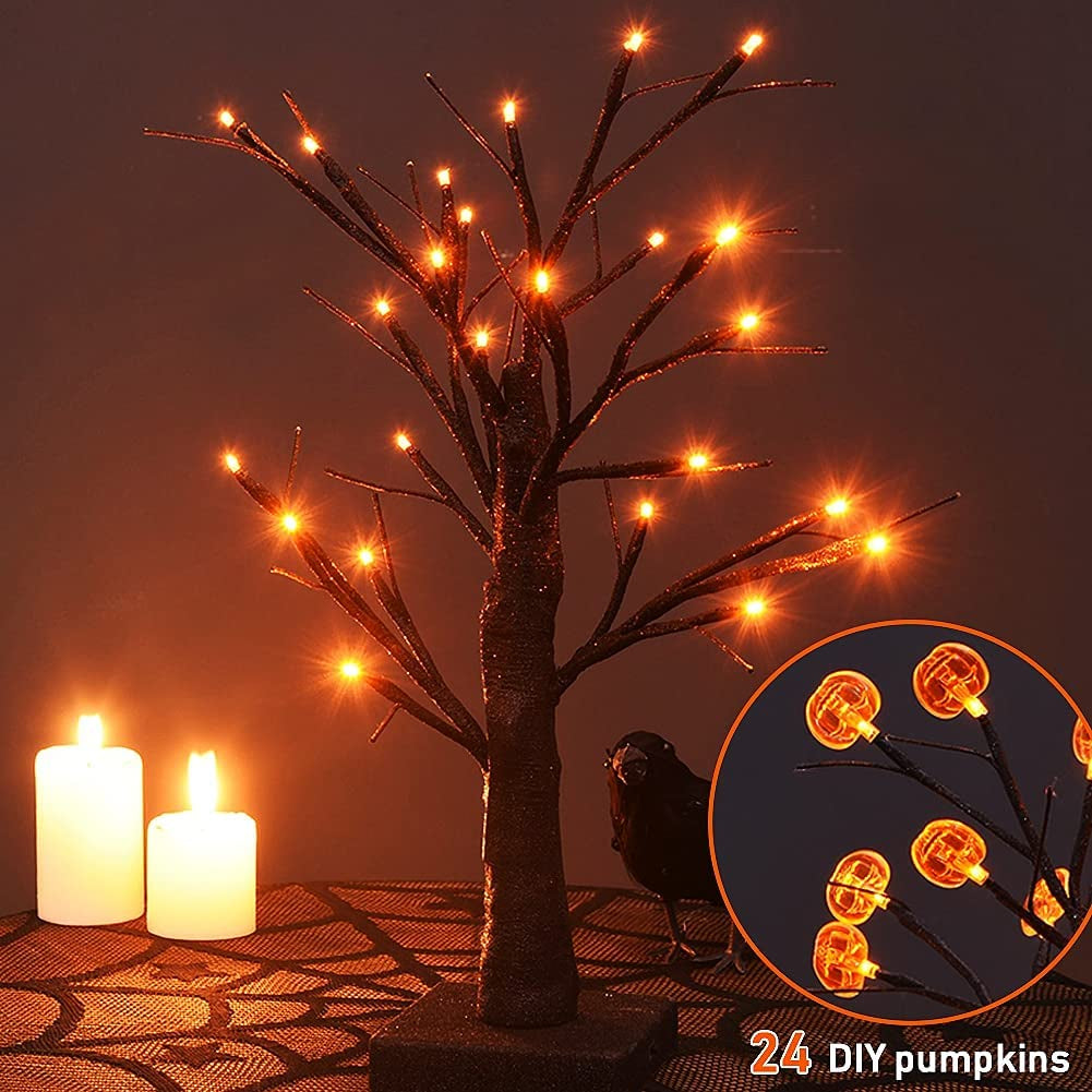 24 LED Lighted Halloween Tree, Battery Operated Birch Tree with 24 DIY Pumpkins, Indoor Home Table Desktop Best Halloween Decorations Gift Package