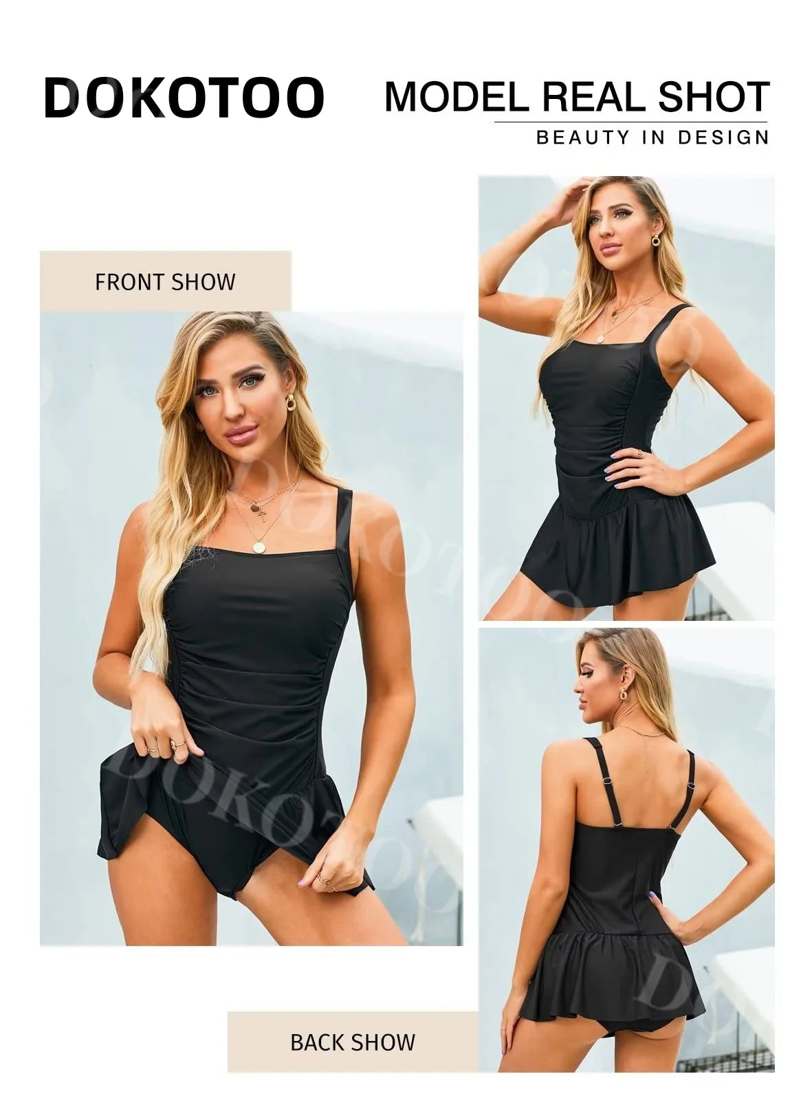 Women'S Black Ruched Ruffle One Piece Swimdress Retro Elegant Bathing Suit Skirted Swimsuit Adjustment Shoulder Athletic Swimwear Tankini Tummy Control Swimsuit, US 4-6(S)