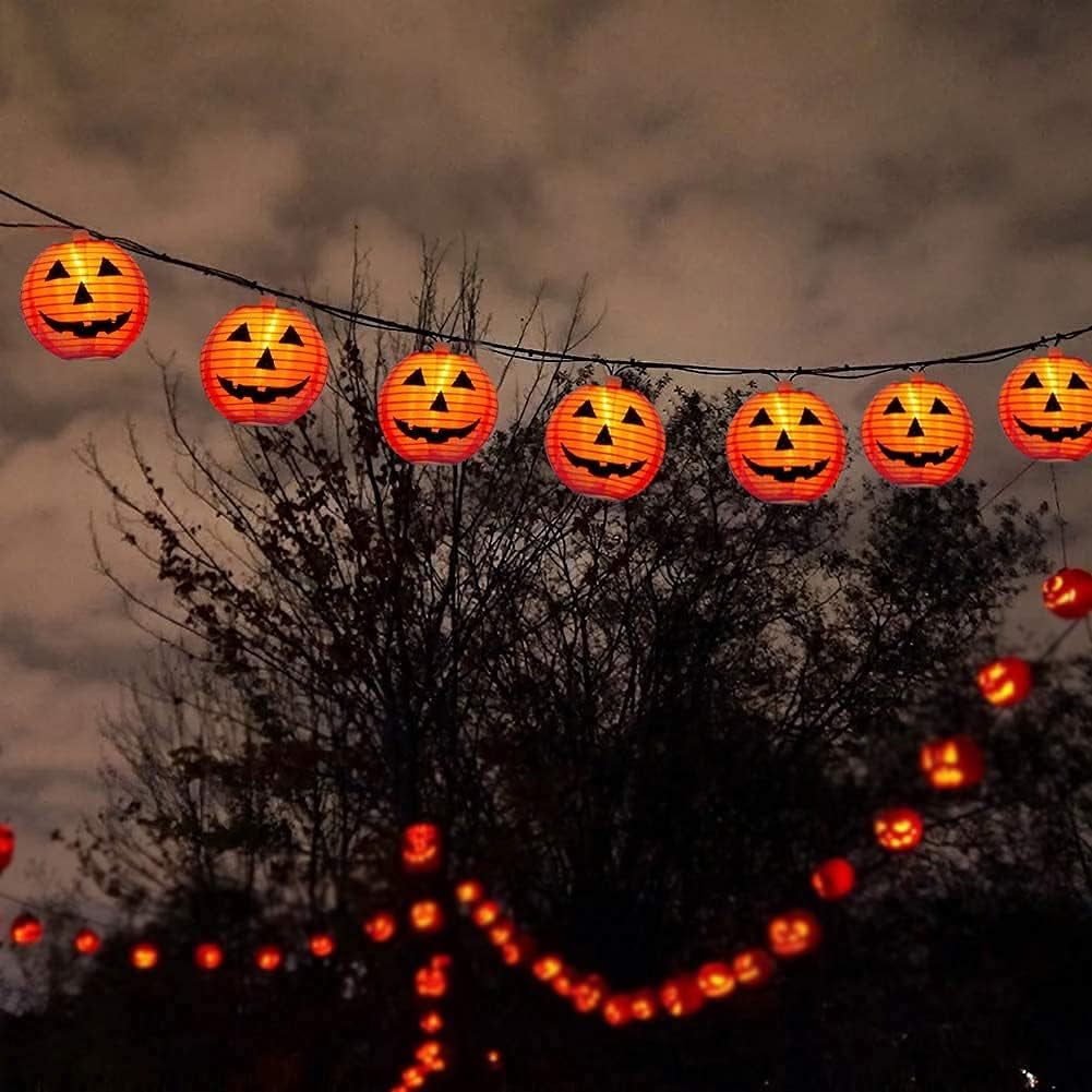 Halloween Pumpkin Lantern String Lights, 8.5Ft Orange Pumpkin String Lights with 10 Nylon Jack Smiling Face Lanterns, Halloween Lantern Lights for Indoor Outdoor Halloween Party Decor