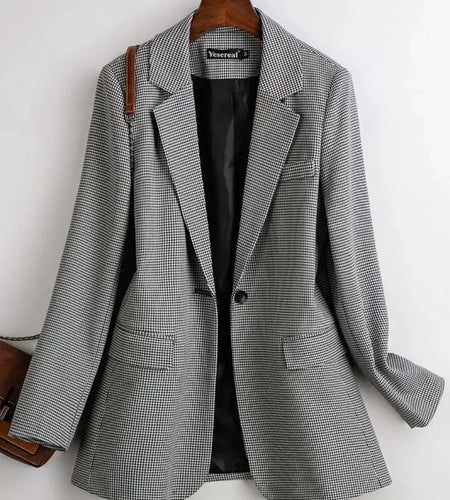 Vintage Double Breasted Office Ladies Plaid Blazer Loose Single Button Coat Jacket Women Blazers Female