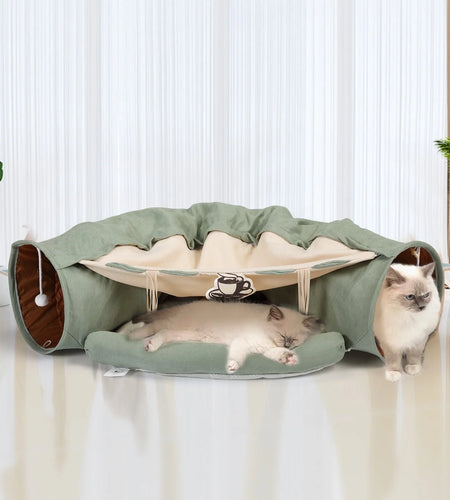 2-In-1 Cat Tunnel Tube Cat Tunnel Bed W/ Washable Bed Collapsible Kitty Toy, Green